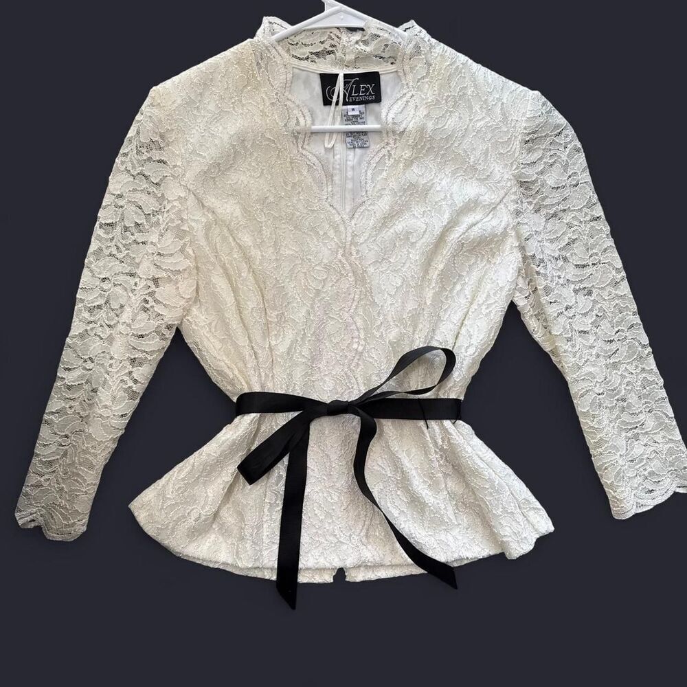 STUNNING INSANE Vintage White lace wrap top with black ribbon belt detail